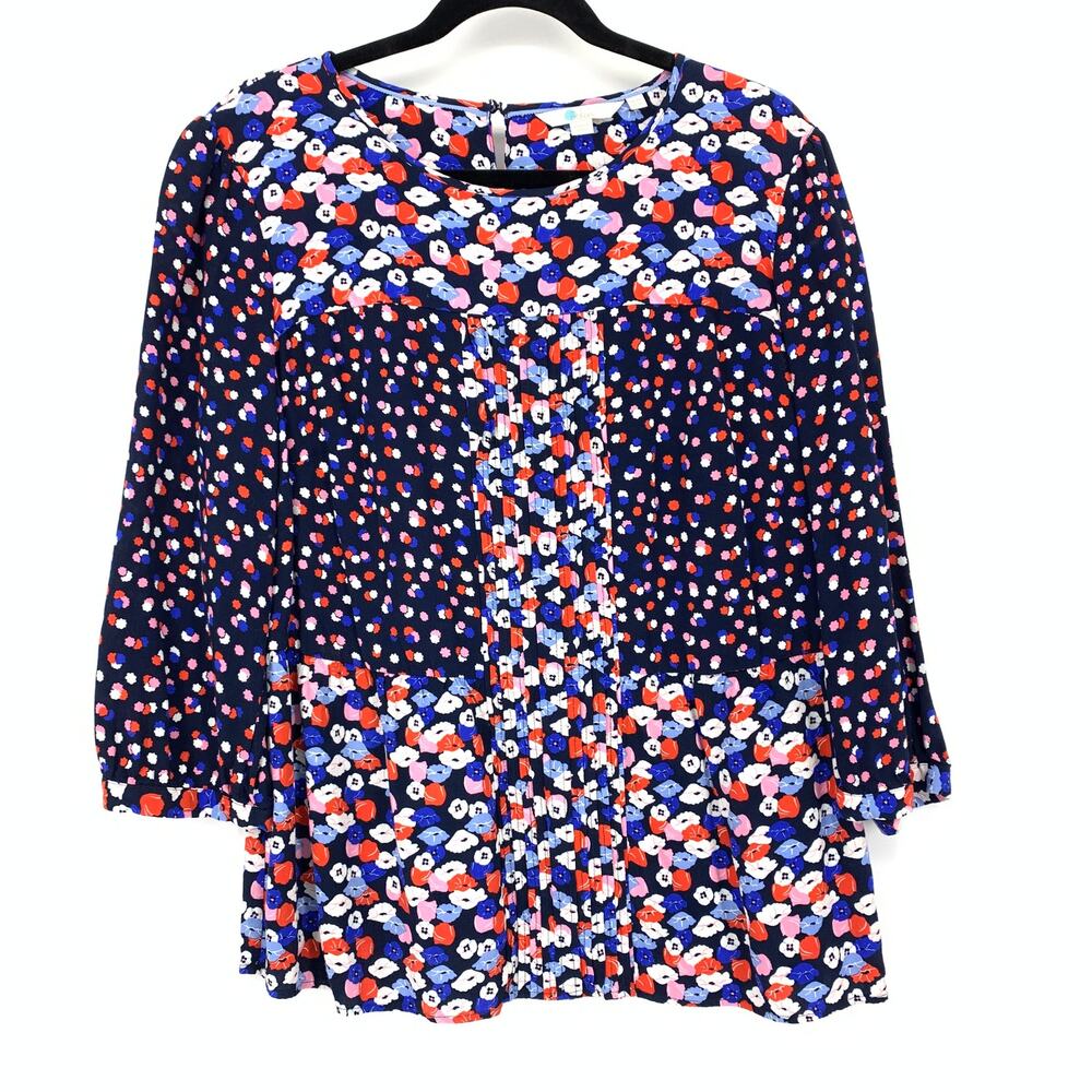 Boden Hopscotch Pintuck Pleat Front Shirt Womens Sz 16 Blue Floral 3/4 Sleeve